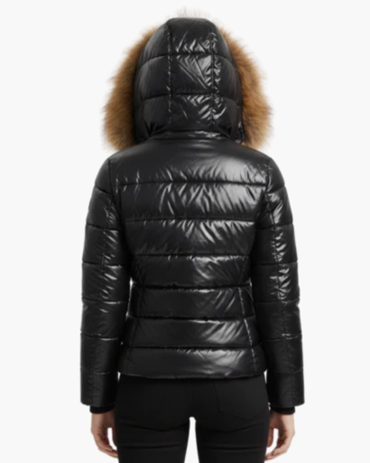 Shiny women’s puffer jacket with hood & faux fur – ultra warm