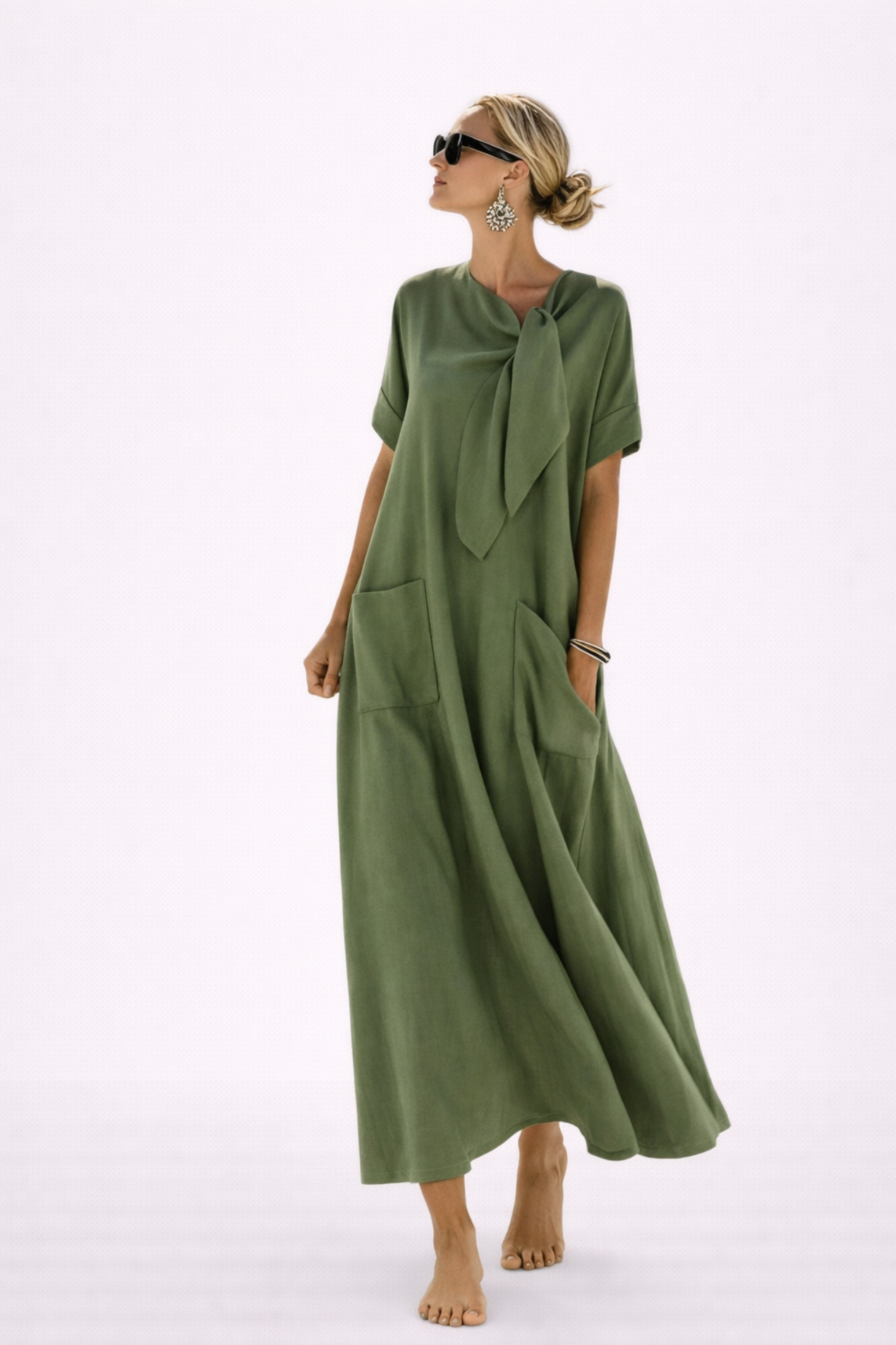 Flowy Maxi Dress Women – Adjustable Tie-Waist & Deep Side Pockets, Patio Season Cottage Casual