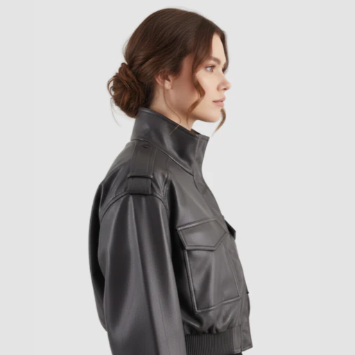 Women’s Cropped Bomber Jacket with Stand Collar and Flap Pockets