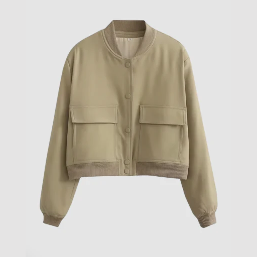Women’s Snap-Button Bomber Jacket with Flap Pockets and Round Neck