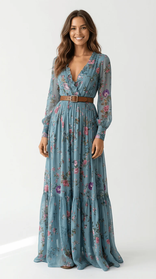Women's Dark Green Bohemian Maxi Dress with Floral Embroidery