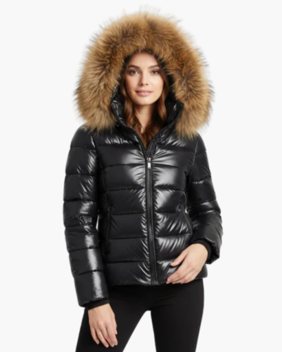Shiny women’s puffer jacket with hood & faux fur – ultra warm