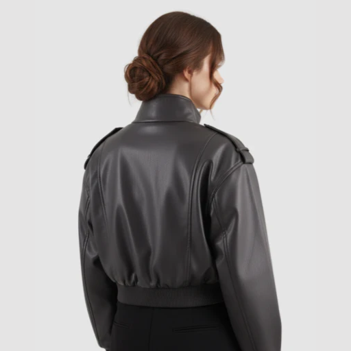 Women’s Cropped Bomber Jacket with Stand Collar and Flap Pockets