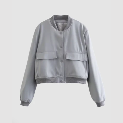 Women’s Snap-Button Bomber Jacket with Flap Pockets and Round Neck