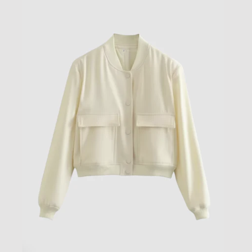 Women’s Snap-Button Bomber Jacket with Flap Pockets and Round Neck