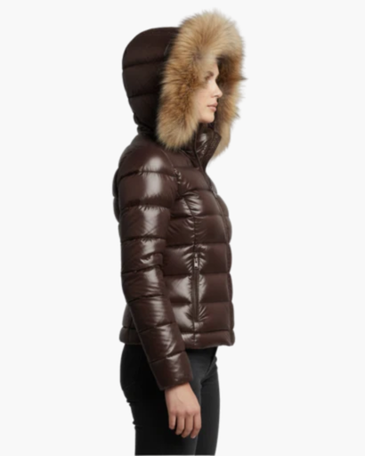 Shiny women’s puffer jacket with hood & faux fur – ultra warm