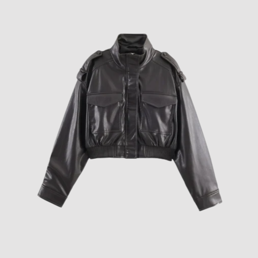 Women’s Cropped Bomber Jacket with Stand Collar and Flap Pockets