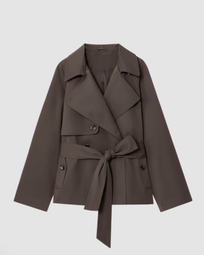 Short belted trench coat with double-breasted buttons and wide lapels