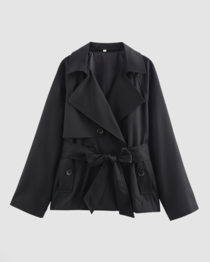 Short belted trench coat with double-breasted buttons and wide lapels