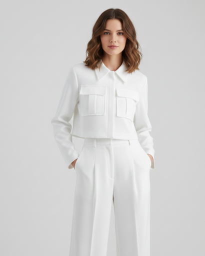 Cropped Suit Set: Cargo Jacket with Pockets and Pleated Trousers