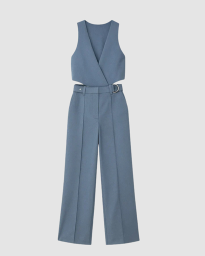 Wide-leg jumpsuit with high-waisted cutouts and a crossover V-neck
