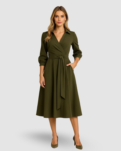 A-line midi dress with a shirt collar and belted waist with pockets