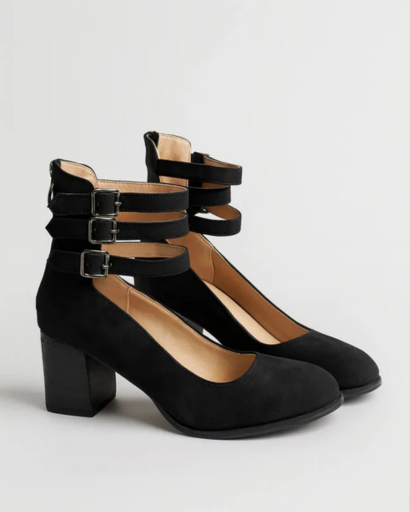 Square Heel Pumps with Triple Buckled Ankle Straps