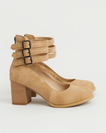 Square Heel Pumps with Triple Buckled Ankle Straps