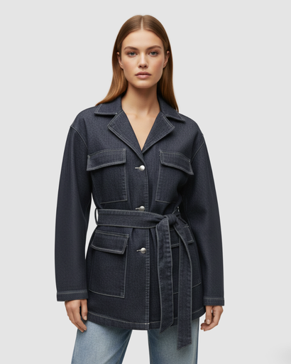 Denim safari jacket with adjustable belt and contrasting topstitching