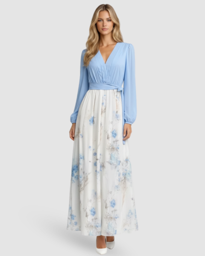 Floral Print Wrap Maxi Dress with Long Skirt and Puff Sleeves