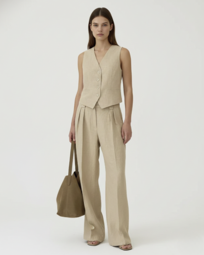 Women's suit set with sleeveless vest and wide-legged, high-waisted pleated trousers