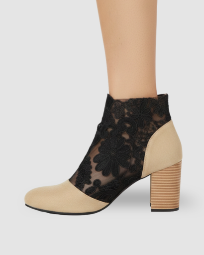 Women's block-heeled ankle boots with floral lace panel and sheer mesh