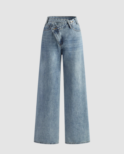 Wide-leg jeans with an asymmetrical crossover waist and a relaxed fit.