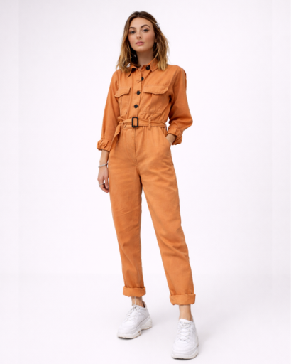 Women’s straight-leg jumpsuit with waist belt and buttoned chest pockets