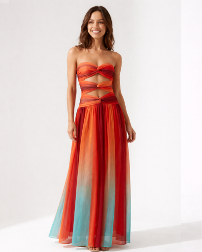 Draped strapless maxi dress with waist cut-outs and flowing skirt