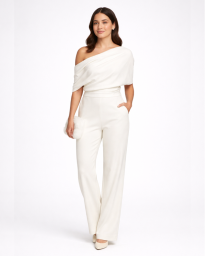 Elegant one-shoulder asymmetric jumpsuit with defined waist and wide-leg trousers