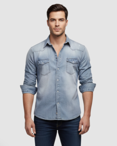 Men's slim-fit western-style denim shirt with flap pockets