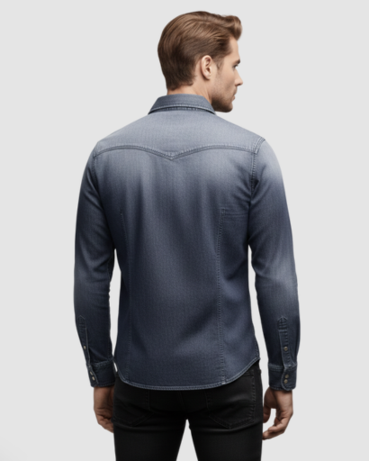 Men's slim-fit western-style denim shirt with flap pockets