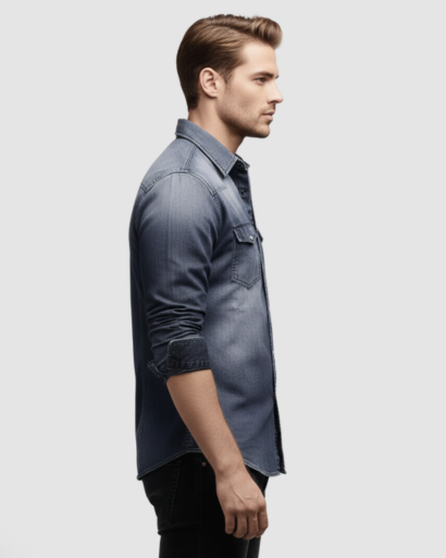 Men's slim-fit western-style denim shirt with flap pockets