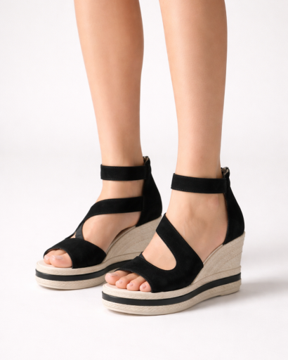 Women’s wedge sandals with cut-out straps, ankle strap, and textured platform sole