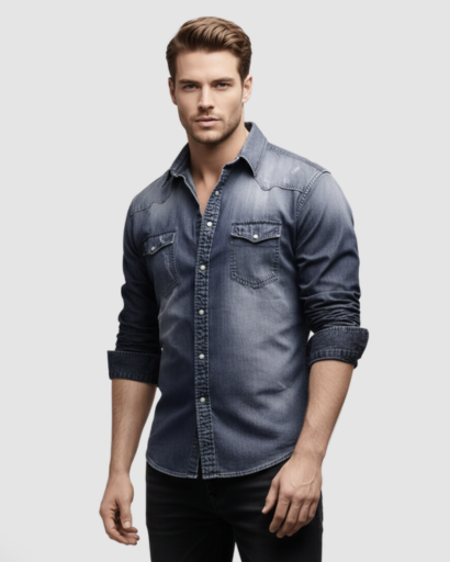 Men's slim-fit western-style denim shirt with flap pockets