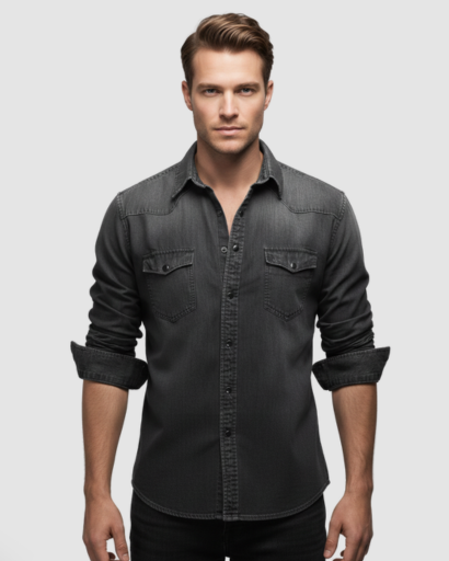 Men's slim-fit western-style denim shirt with flap pockets