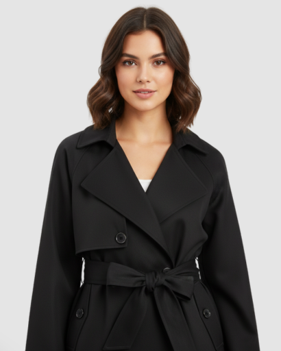 Short belted trench coat with double-breasted buttons and wide lapels