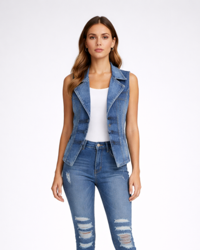 Women’s sleeveless denim vest with tailored fit, lapel collar, and buttons