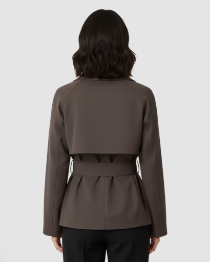 Short belted trench coat with double-breasted buttons and wide lapels