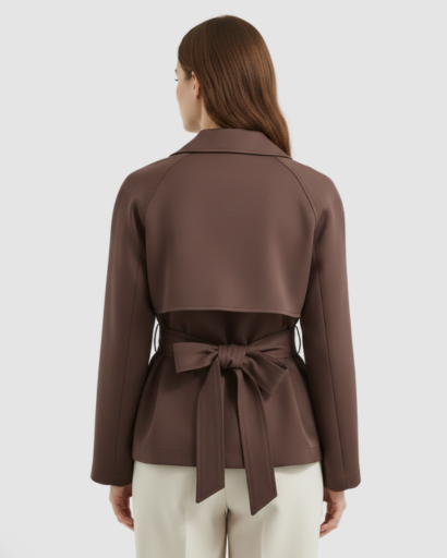 Short belted trench coat with double-breasted buttons and wide lapels