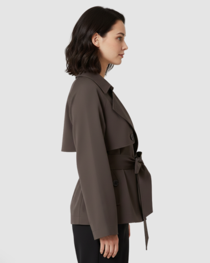 Short belted trench coat with double-breasted buttons and wide lapels