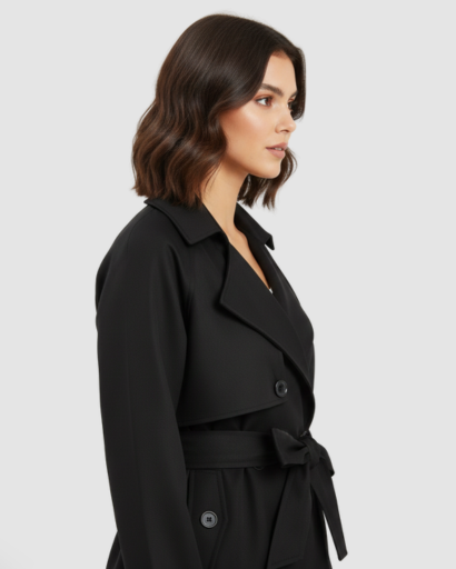 Short belted trench coat with double-breasted buttons and wide lapels