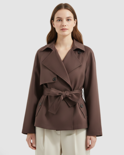 Short belted trench coat with double-breasted buttons and wide lapels