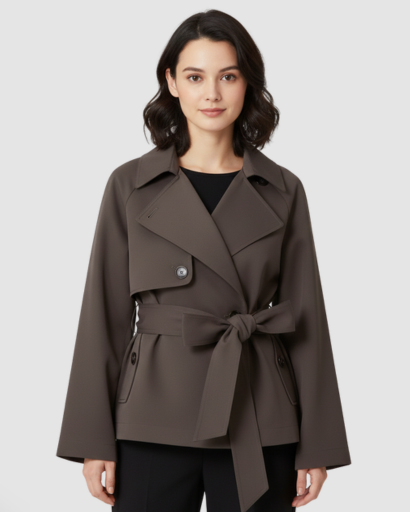 Short belted trench coat with double-breasted buttons and wide lapels