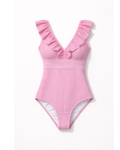 Women’s striped one-piece swimsuit with ruffle straps and V-neck, structured fit