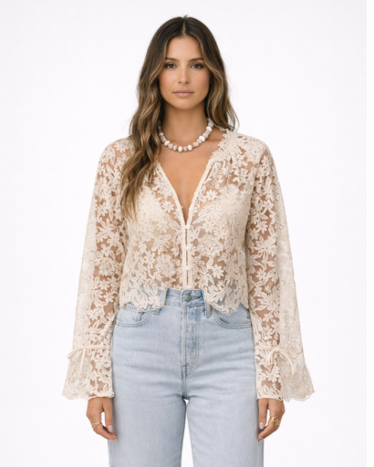 Women’s floral lace blouse with front buttons and flared tie sleeves, elegant cropped fit