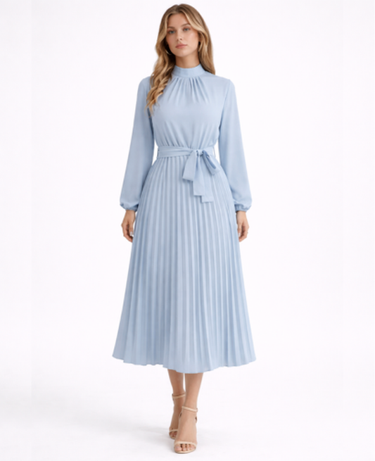 Pleated Midi Dress Women – Stand Collar & Belted Waist, Elegant Office Formal