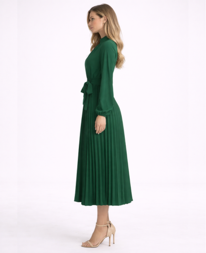 Pleated Midi Dress Women – Stand Collar & Belted Waist, Elegant Office Formal