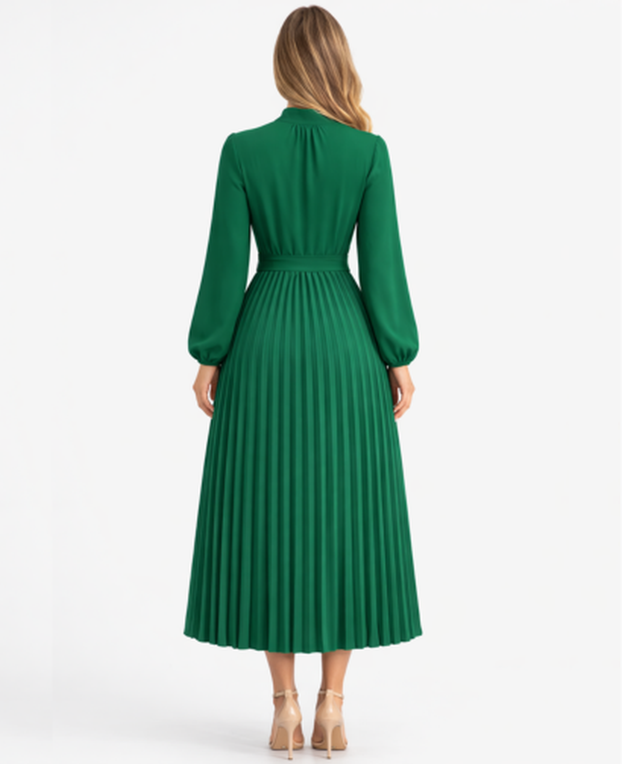 Pleated Midi Dress Women – Stand Collar & Belted Waist, Elegant Office Formal