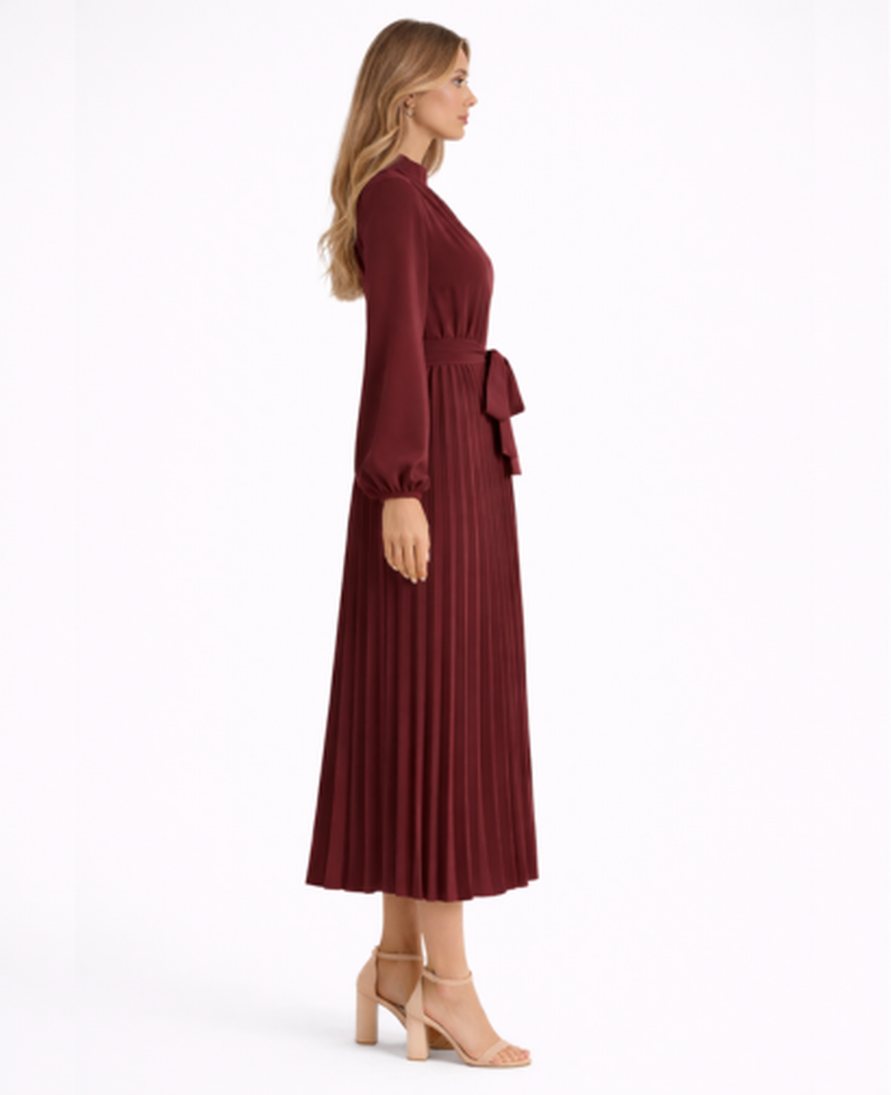Pleated Midi Dress Women – Stand Collar & Belted Waist, Elegant Office Formal