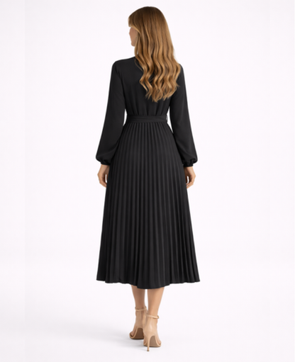 Pleated Midi Dress Women – Stand Collar & Belted Waist, Elegant Office Formal