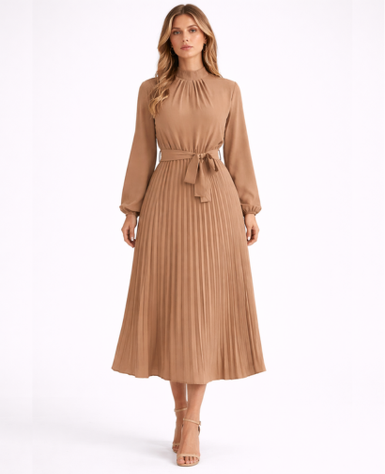 Pleated Midi Dress Women – Stand Collar & Belted Waist, Elegant Office Formal