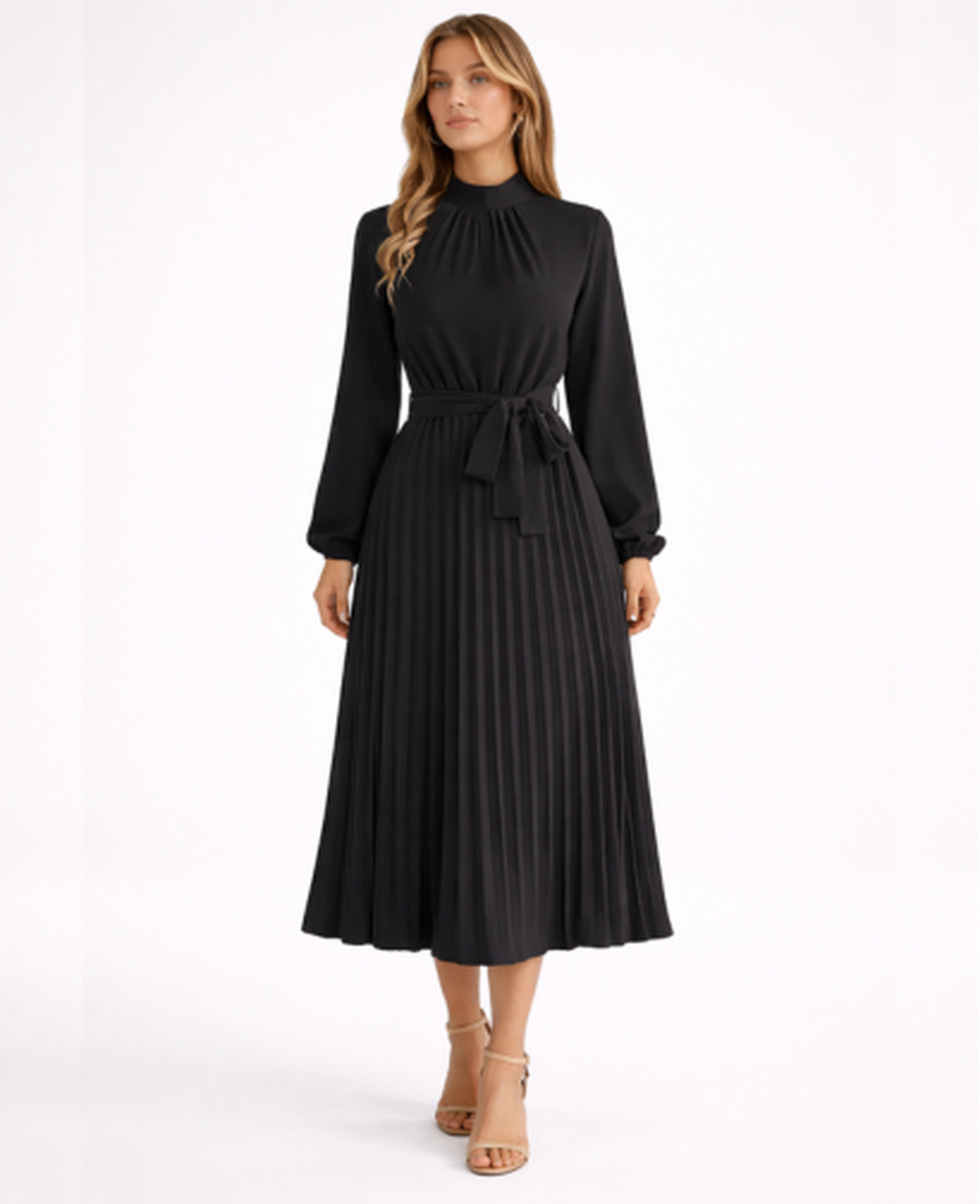 Pleated Midi Dress Women – Stand Collar & Belted Waist, Elegant Office Formal