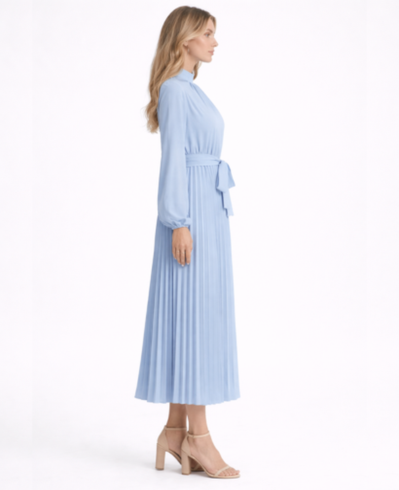 Pleated Midi Dress Women – Stand Collar & Belted Waist, Elegant Office Formal